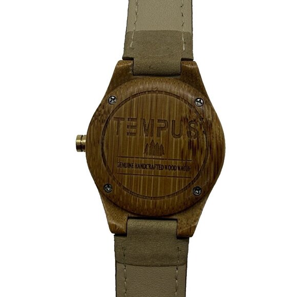 Tempus Genuine Handcrafted Wood Round Unisex Watch Faux Leather Band Light Brown - Picture 2 of 7